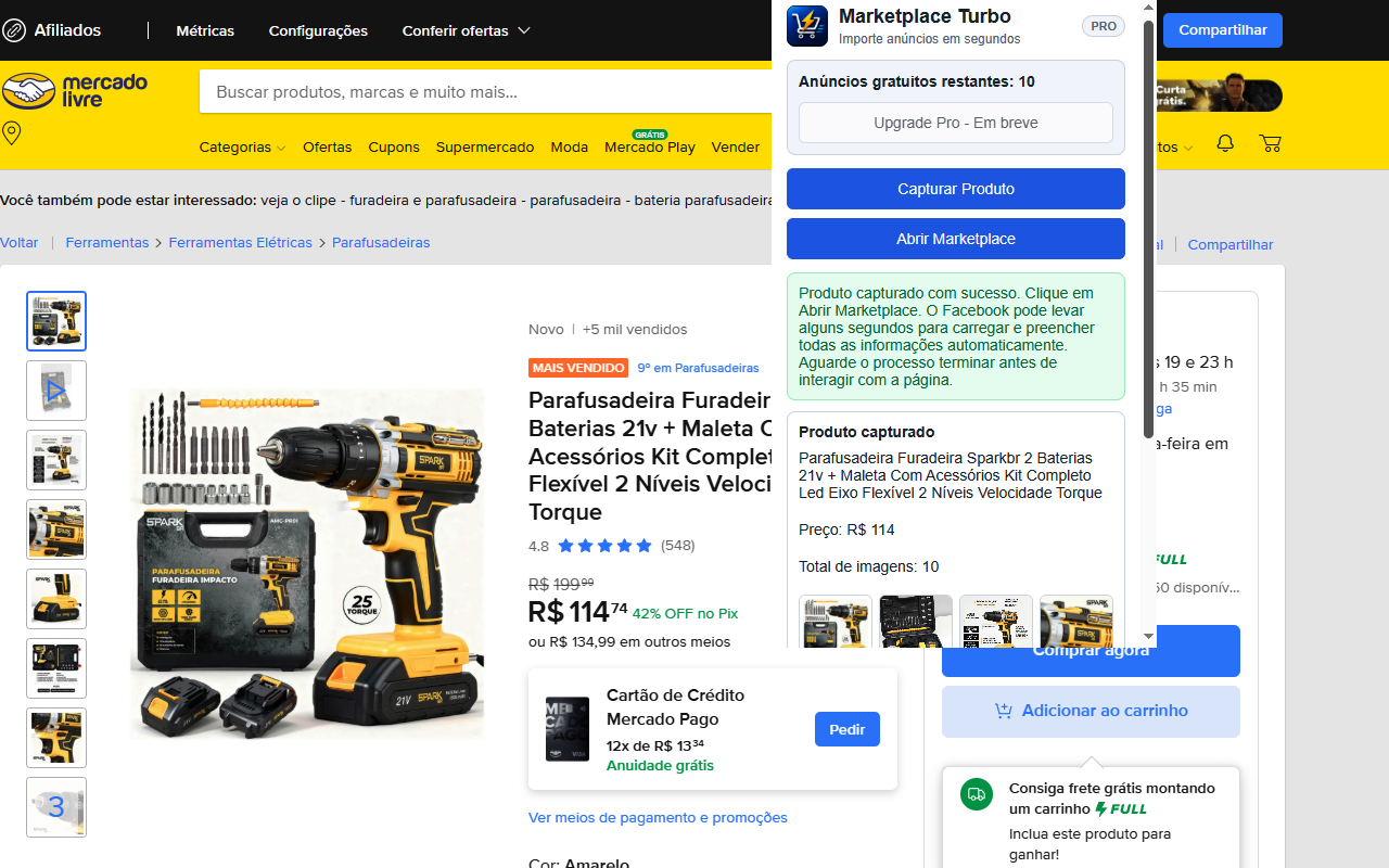 Captura de produto do Mercado Livre com o Marketplace Turbo