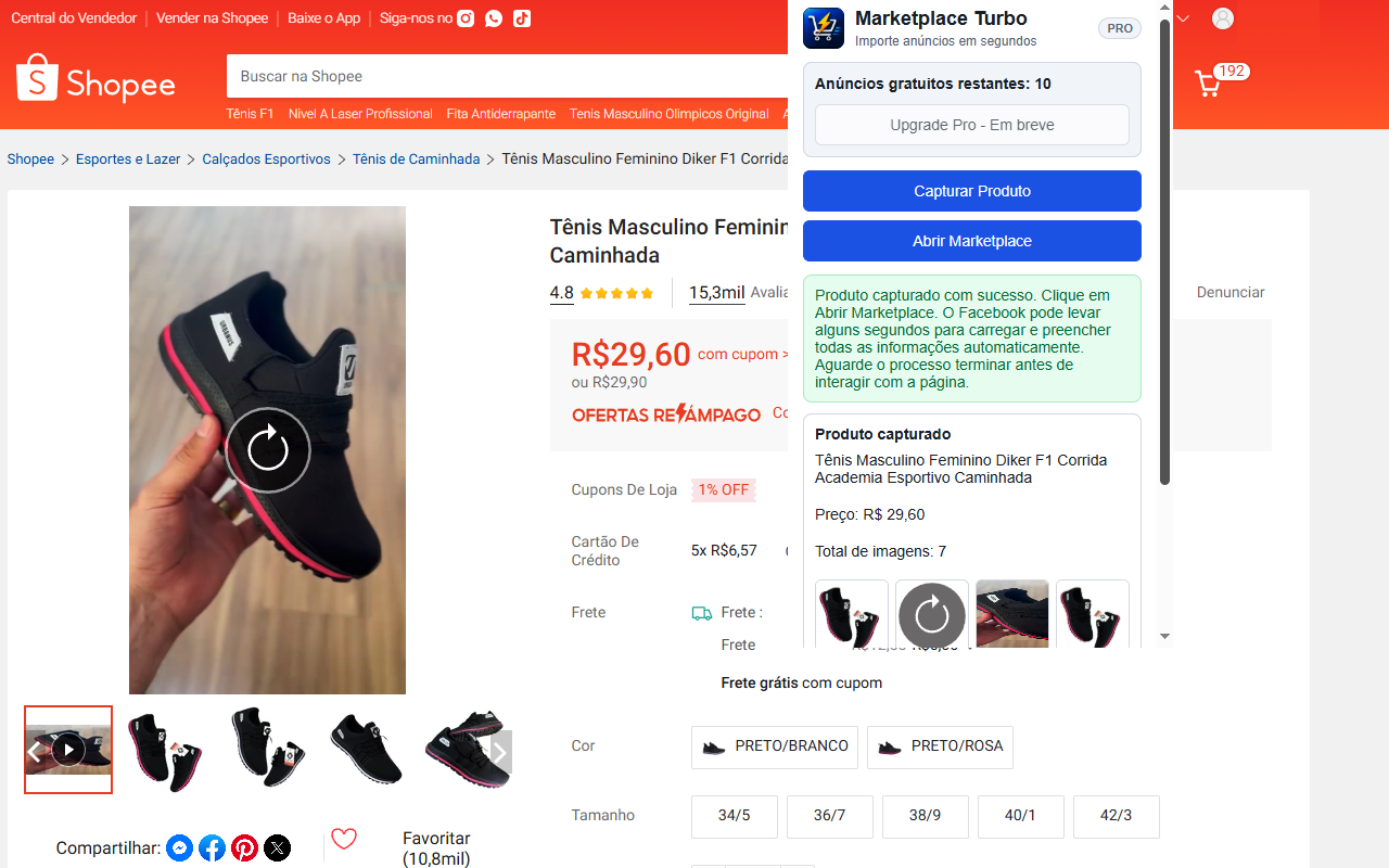 Captura de produto da Shopee com o Marketplace Turbo